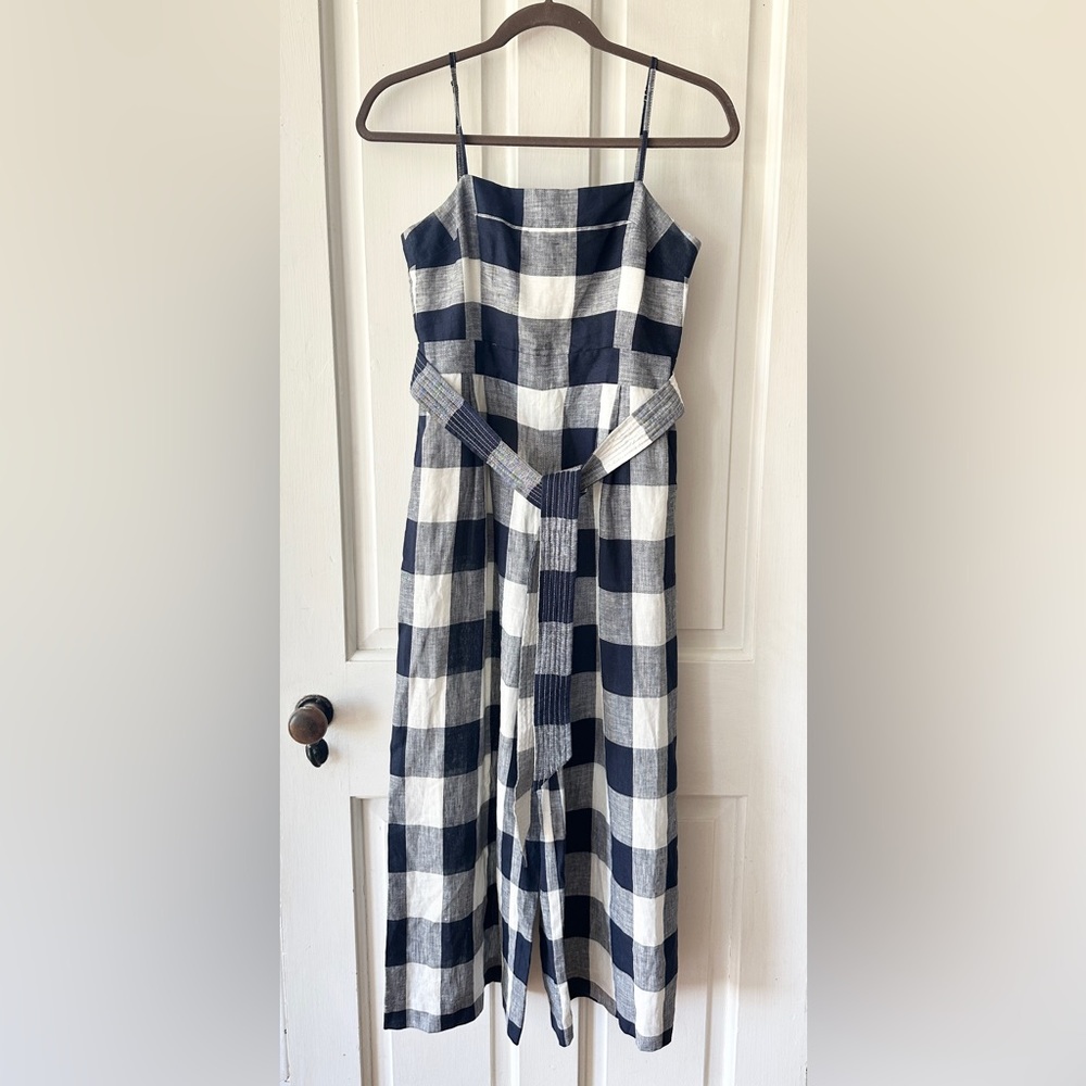 J Crew Linen Navy Gingham Jumpsuit